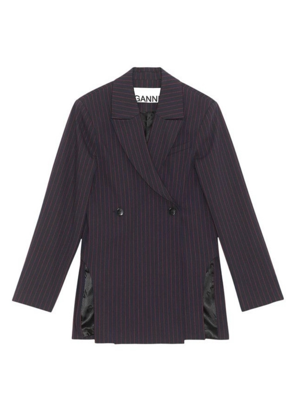 Ganni 32 (Sz 0) Navy Pinstripe Double-Breasted Blazer Side Slit Sky Captain